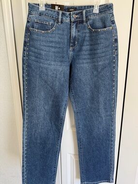 Express Blue Straight-Leg Jeans with Gold Stud Trim